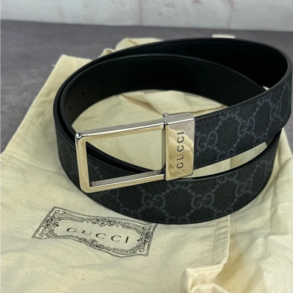 Gucci Black Gg Supreme Men's Belt Square Buckle 722370 90/38